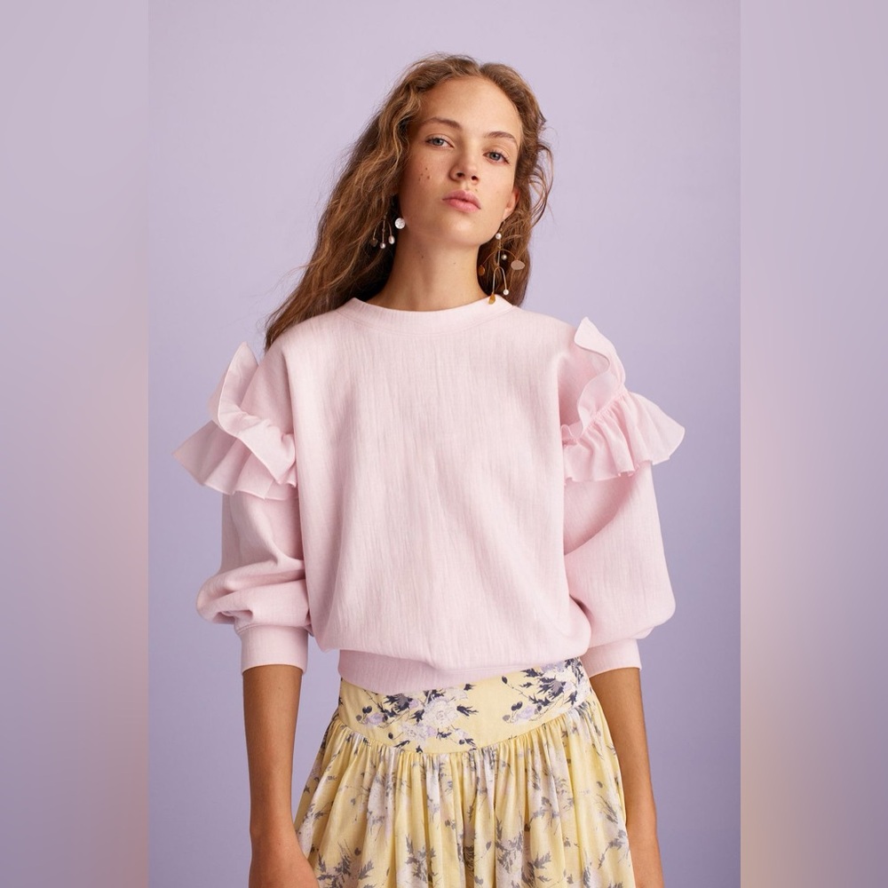 REBECCA TAYLOR RUFFLED TERRY AND ORGANDY SWEATSHIRT - CANDY FLOSS SIZE MEDIUM